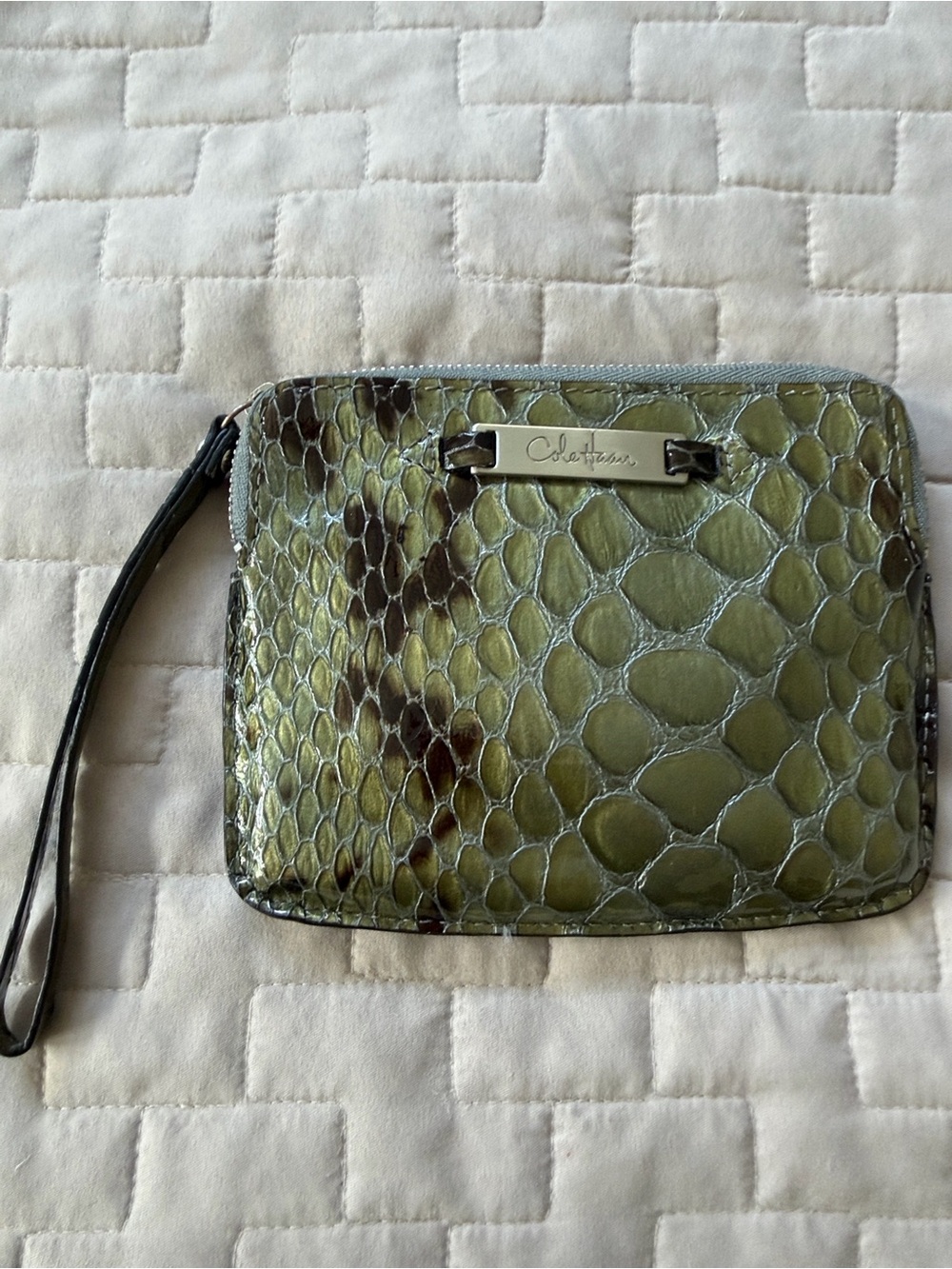 Cole Haan Olive Snake Embossed Wristlet Pouch with Black Strap